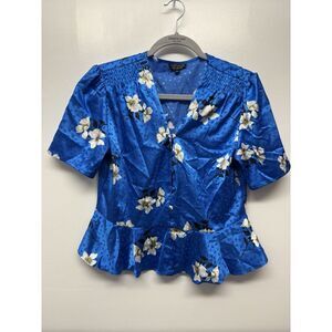 Topshop Women's Blue Floral‎ Satin V Neck Gemma Blouse Peplum Size 10 $60  #35